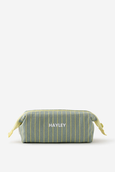 Personalised Compact Canvas Pencil Case, TYPO GREEN & LIME PIN STRIPE