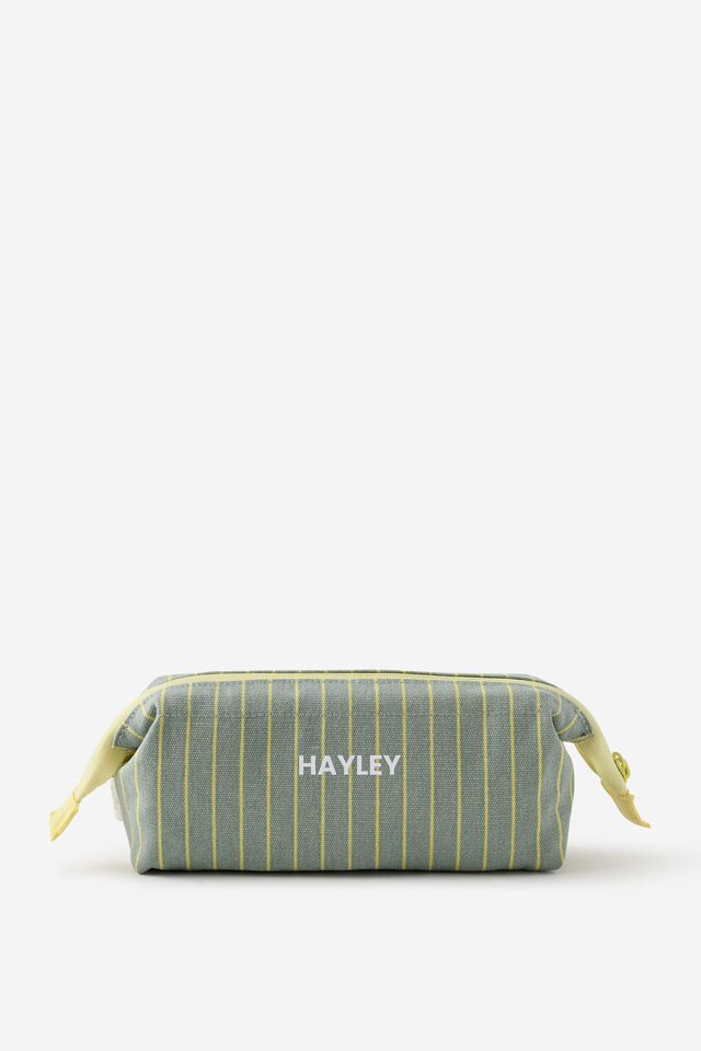 Personalised Compact Canvas Pencil Case, TYPO GREEN & LIME PIN STRIPE