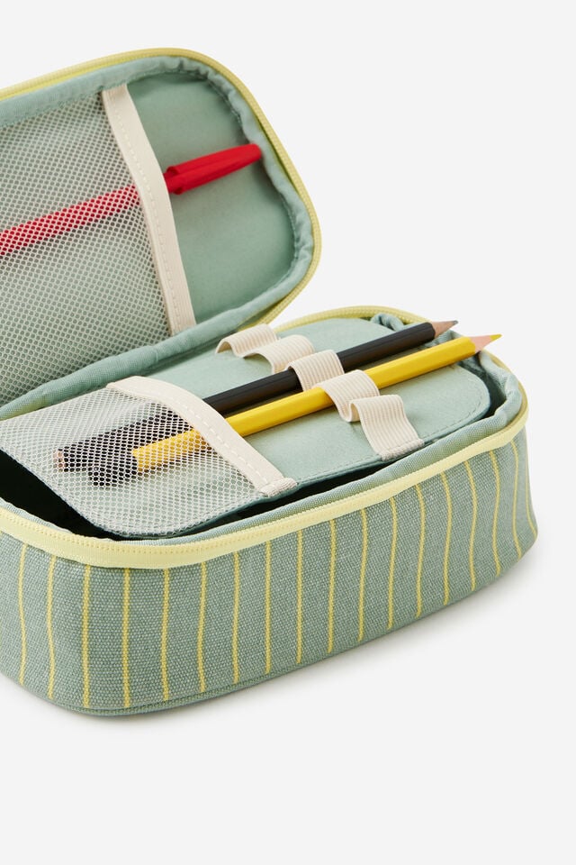 Arlow Canvas Pencil Case, TYPO GREEN & LIME PIN STRIPE