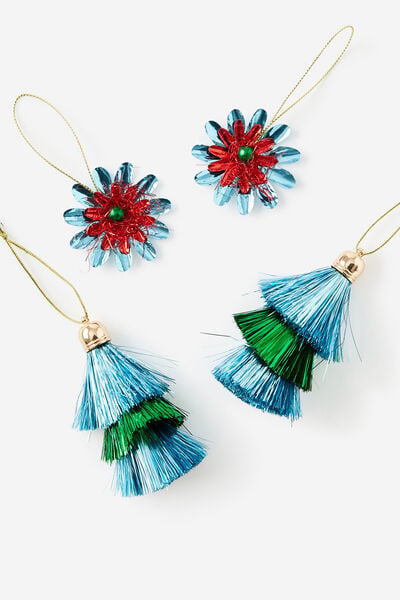 Mini Ornament Pack, FRINGE & FLOWERS / BLUE / GREEN
