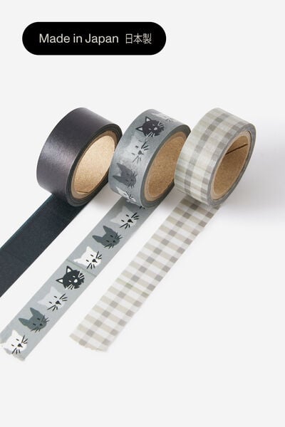 Washi Tape 15Mm 3Pack, CATS GINGHAM BLACK