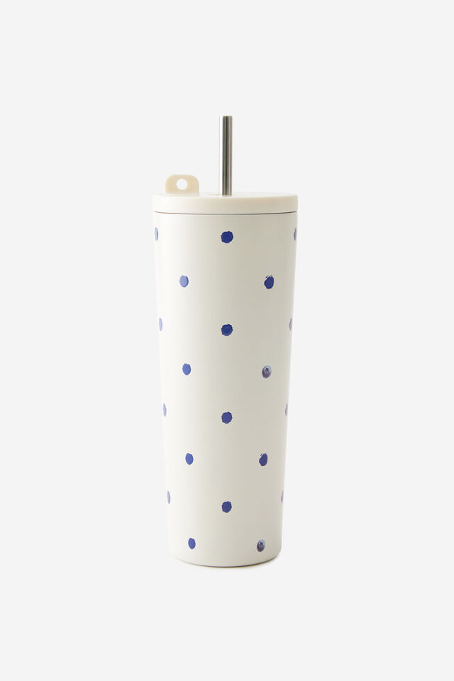 Hidden Straw Metal Smoothie Cup, BLUEBERRY POLKA