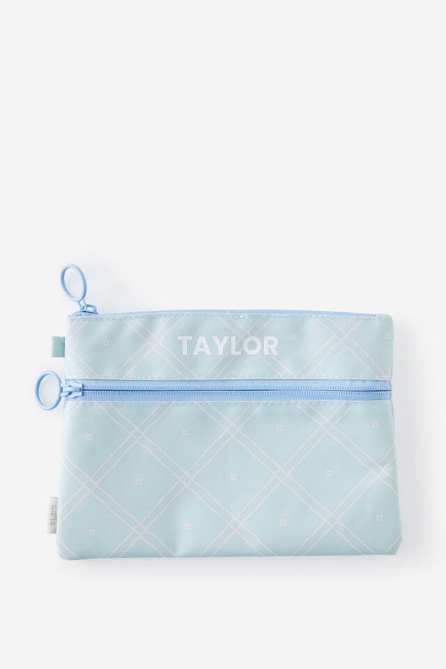 Personalised Double Zip Pencil Case, MINTY GRID