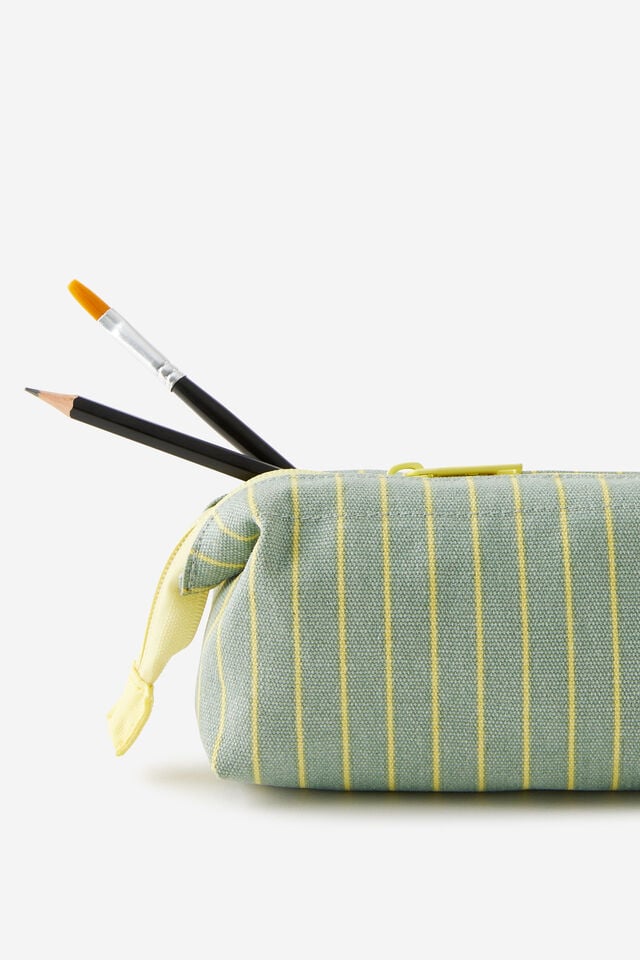 Compact Canvas Pencil Case, TYPO GREEN & LIME PIN STRIPE