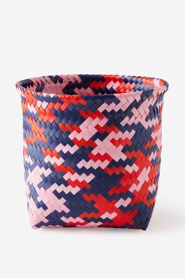 Woven Plastic Basket, NAVY/PINK