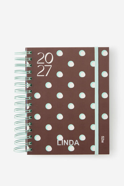 Personalised 2027 A5 Weekly Bright Days Diary, ESPRESSO POLKA