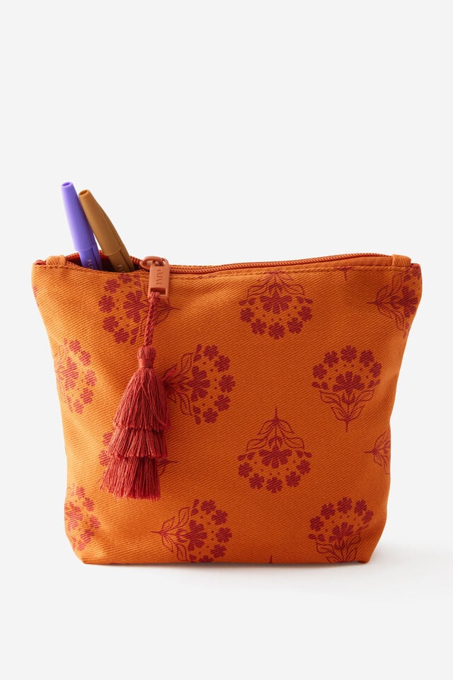 Tassel Pencil Case, FLORAL REPEAT BURNT ORANGE