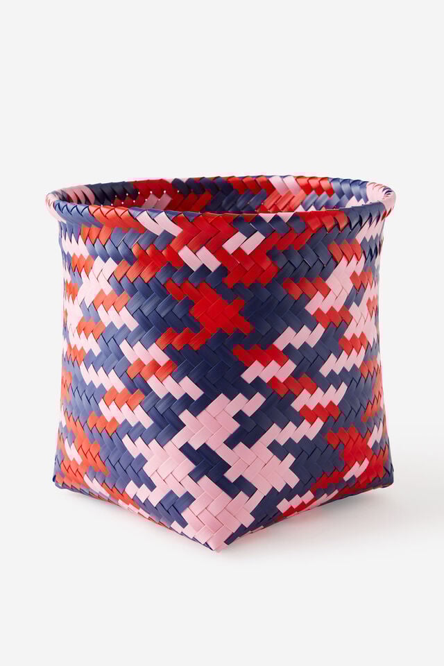 Woven Plastic Basket, NAVY/PINK