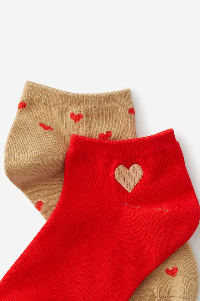 2 Pk Of Ankle Socks, HEARTS TAN (S/M)