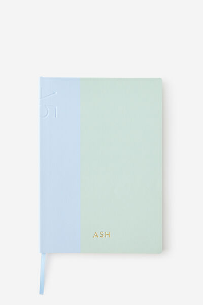 Personalised A5 Soft Cover Lined Notebook, MINTY BLUE SKIES SPLICE