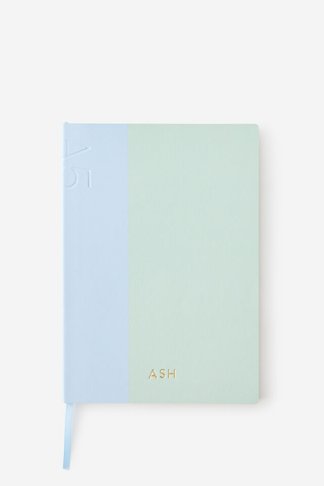 Personalised A5 Soft Cover Lined Notebook, MINTY BLUE SKIES SPLICE