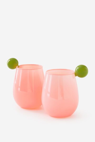 Bulbous Set Of 2 Tumblers, OLIVE MOSS / STRAWBERRY MILK