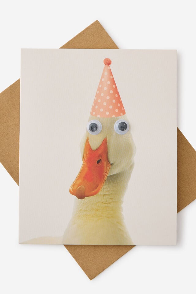 Premium Funny Birthday Card 2.0, DUCK PARTY HAT GOOGLY EYES