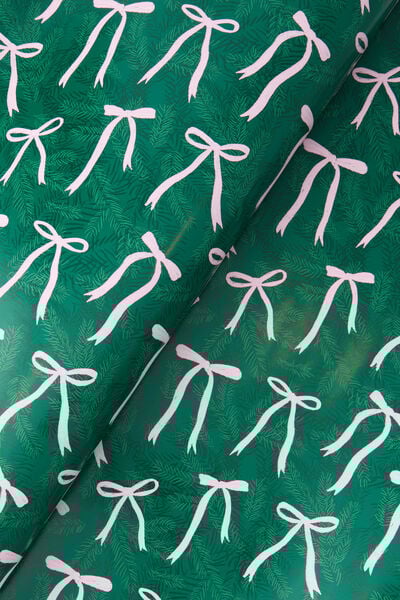 Christmas Wrapping Paper Roll, GREEN & PINK BOWS