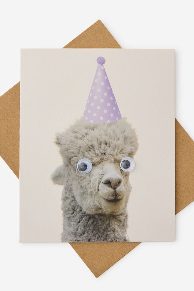 Premium Funny Birthday Card 2.0, ALPACA PARTY HAT GOOGLY EYES