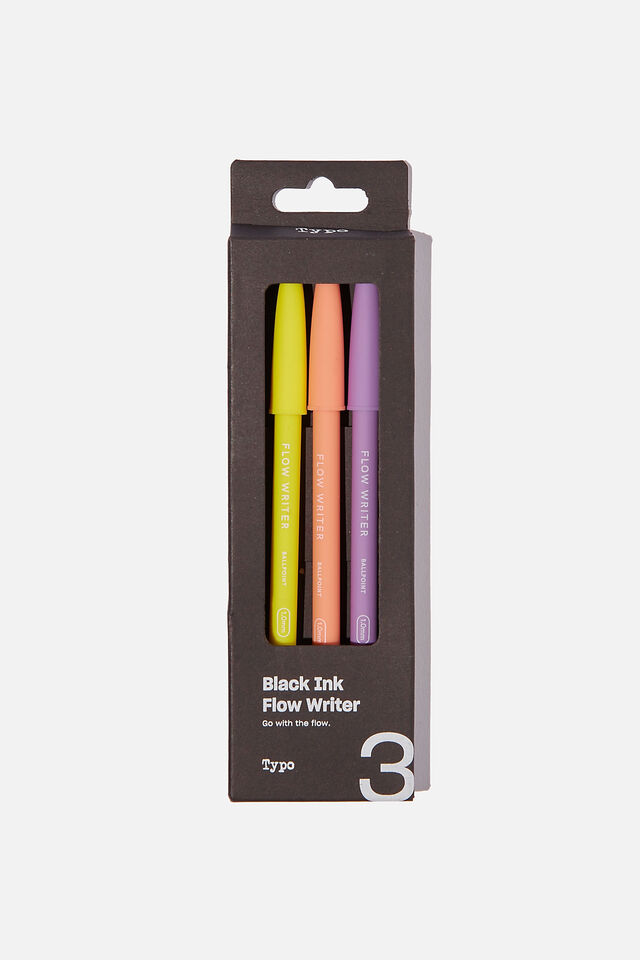 Black Ink Flow Writer Pen 3Pk, LILAC, PEACH & YELLOW