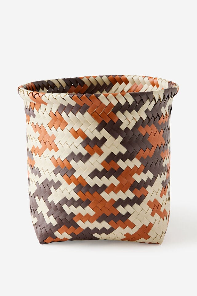 Woven Plastic Basket, BROWN/BLACK