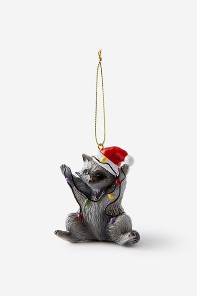 Resin Christmas Ornament, RACOON IN LIGHTS