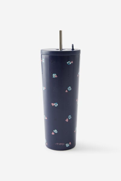 Hidden Straw Metal Smoothie Cup, DITSY PANSY / MIDNIGHT