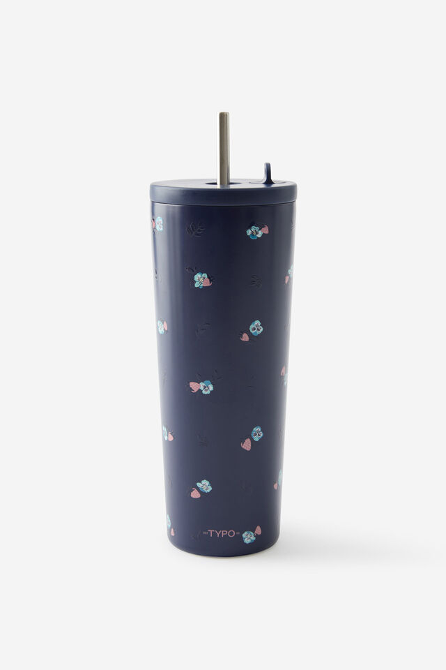 Hidden Straw Metal Smoothie Cup, DITSY PANSY / MIDNIGHT