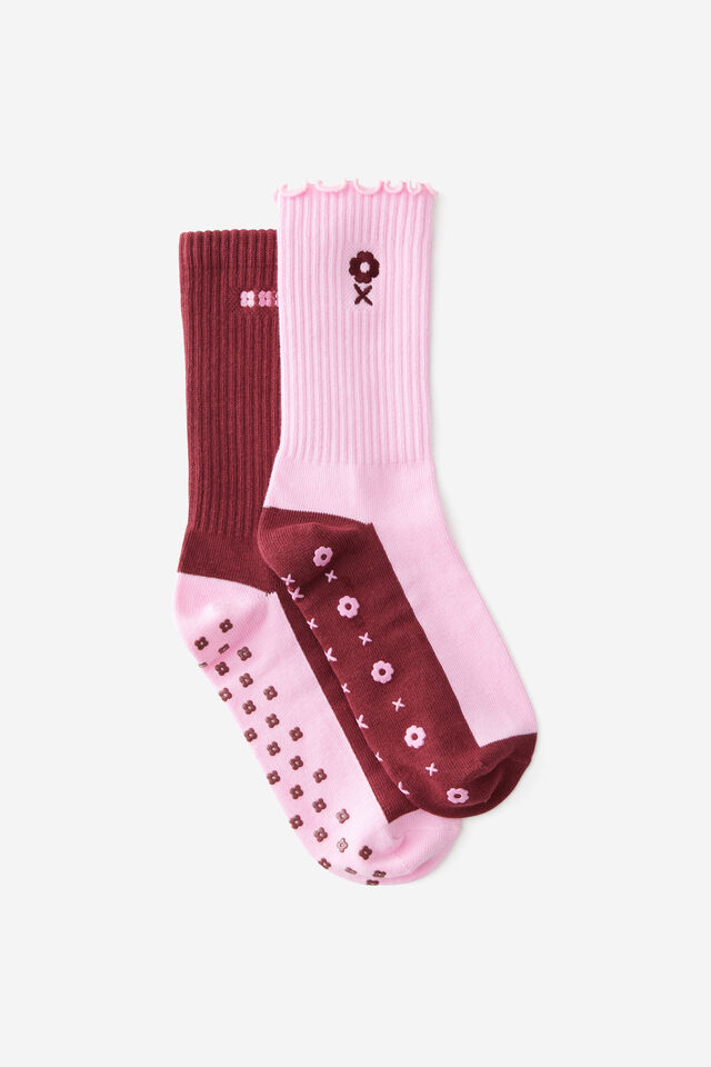 2 Pck Grip Socks, FOLK FLOWER PINK