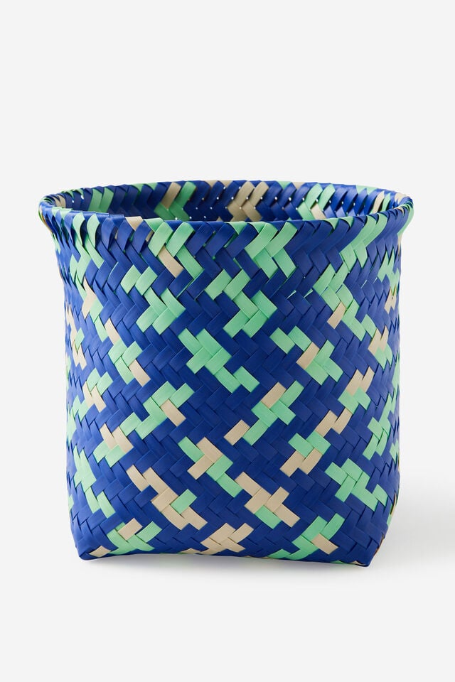 Woven Plastic Basket, GREEN/BLUE