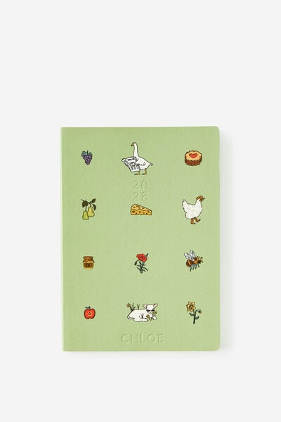 Personalised 2026 B6 Weekly Soft Metro Diary, Little Treats Bay Leaf