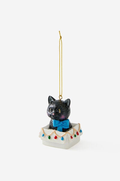 Resin Christmas Ornament, KITTEN IN BOX OF LIGHTS