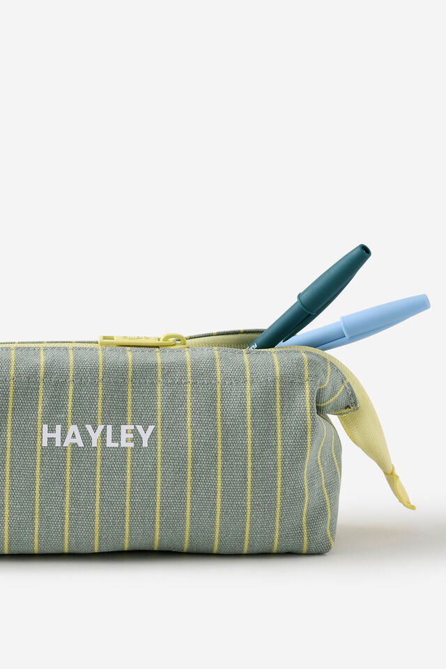Personalised Compact Canvas Pencil Case, TYPO GREEN & LIME PIN STRIPE