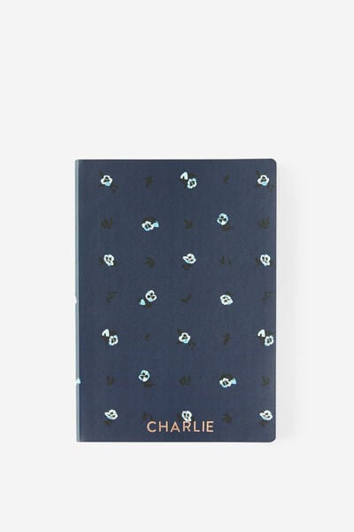 Personalised Metro B6 Soft Lined Notebook, Ditsy Pansy Midnight Ink