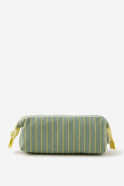 Compact Canvas Pencil Case, TYPO GREEN & LIME PIN STRIPE