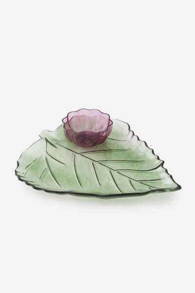 Glass Leaf & Flower Platter, GREEN