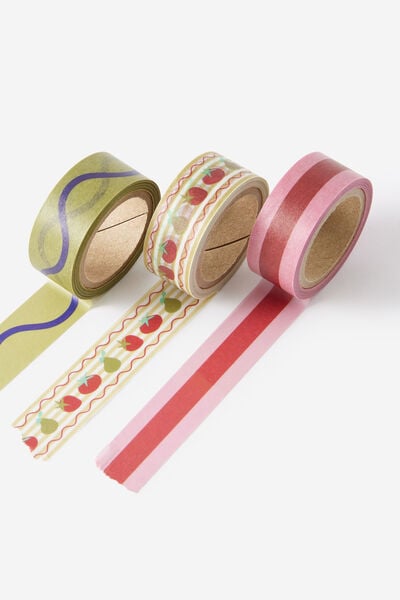 Washi Tape 15Mm 3Pack, FRUITS SQUIGGLE STRIPE