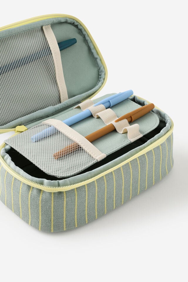 Personalised Arlow Canvas Pencil Case, TYPO GREEN & LIME PIN STRIPE