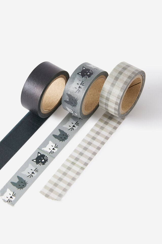 Washi Tape 15Mm 3Pack, CATS GINGHAM BLACK
