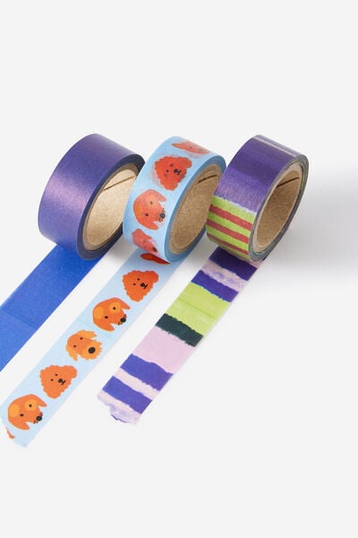 Washi Tape 15Mm 3Pack, DOGS STRIPE BLUE!