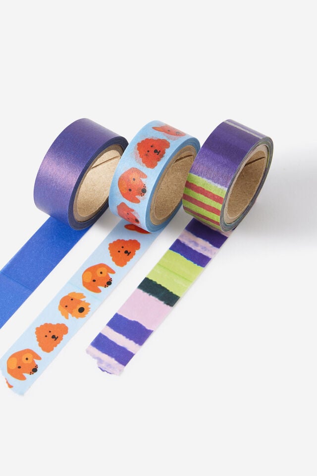 Washi Tape 15Mm 3Pack, DOGS STRIPE BLUE!