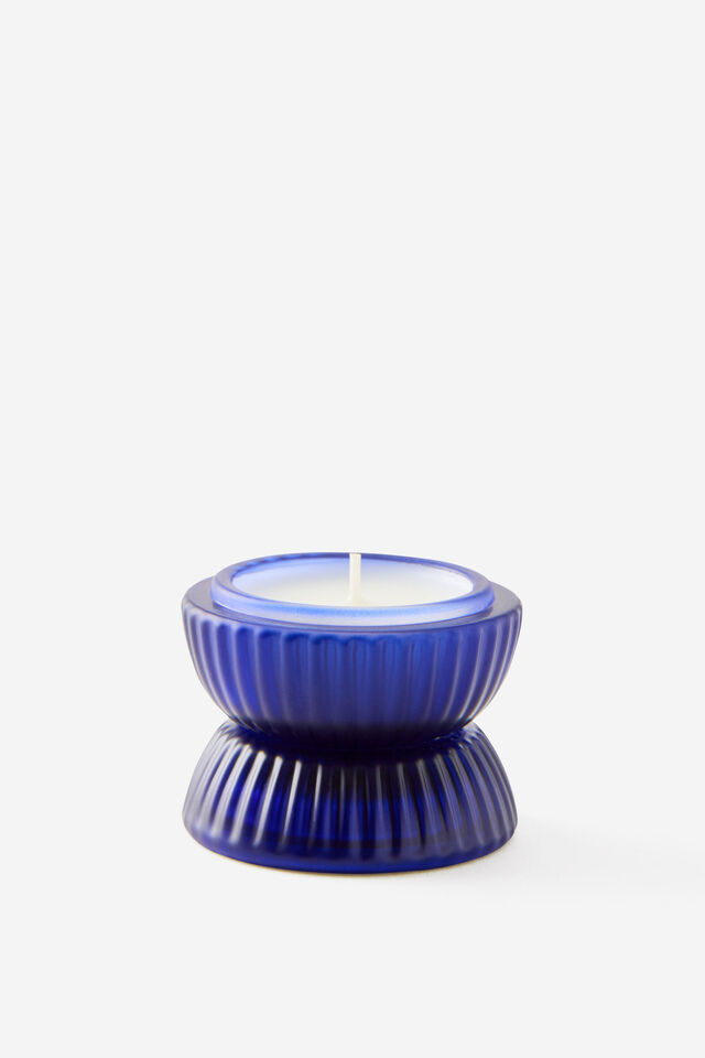 Mini Stackers Glass Tea Light Candle, AUDIO DREAMER DARK BLUE RIBBED