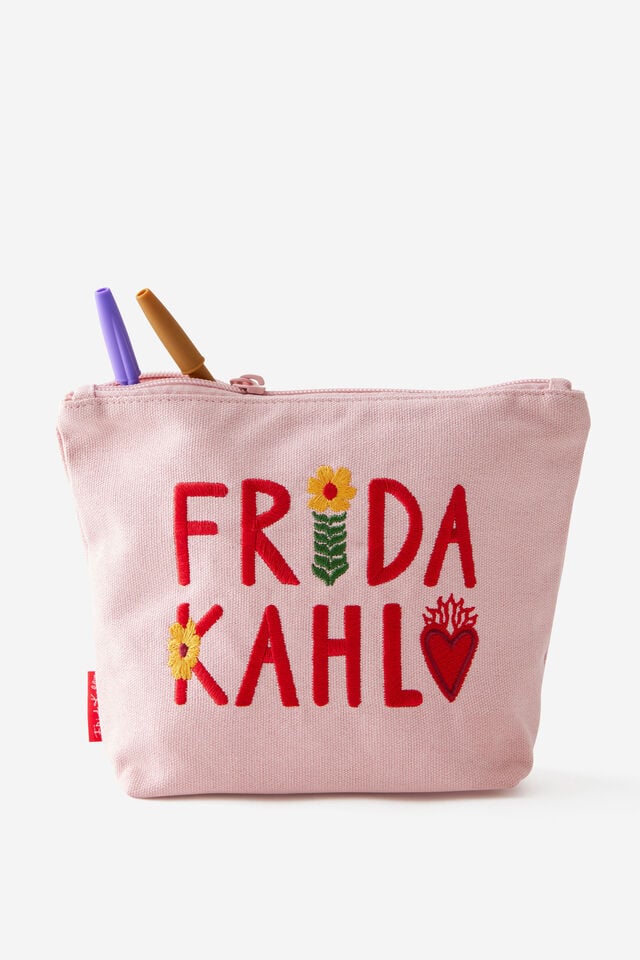 Lcn Embroidered Pencil Case, LCN FRK FRIDA KAHLO PINK TEXTS