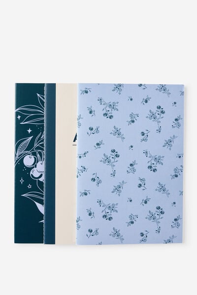 A5 3 Pack Lined Notebooks, SKY BLUE FLORALS