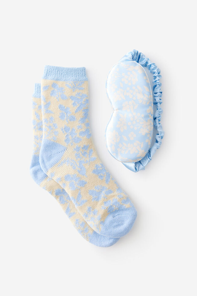 Bed Socks And Eye Mask Gift Pack, SKY BLUE FLORALS
