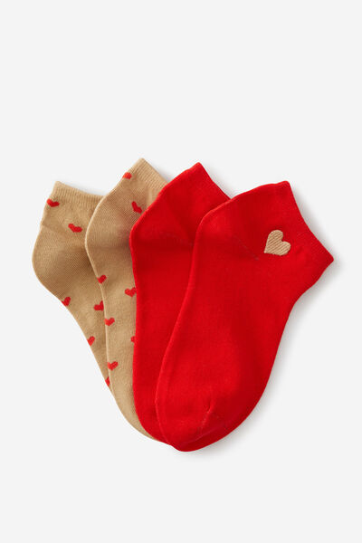2 Pk Of Ankle Socks, HEARTS TAN (S/M)