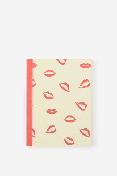 A6 Riley Lined Notebook, ECRU RED LIPS