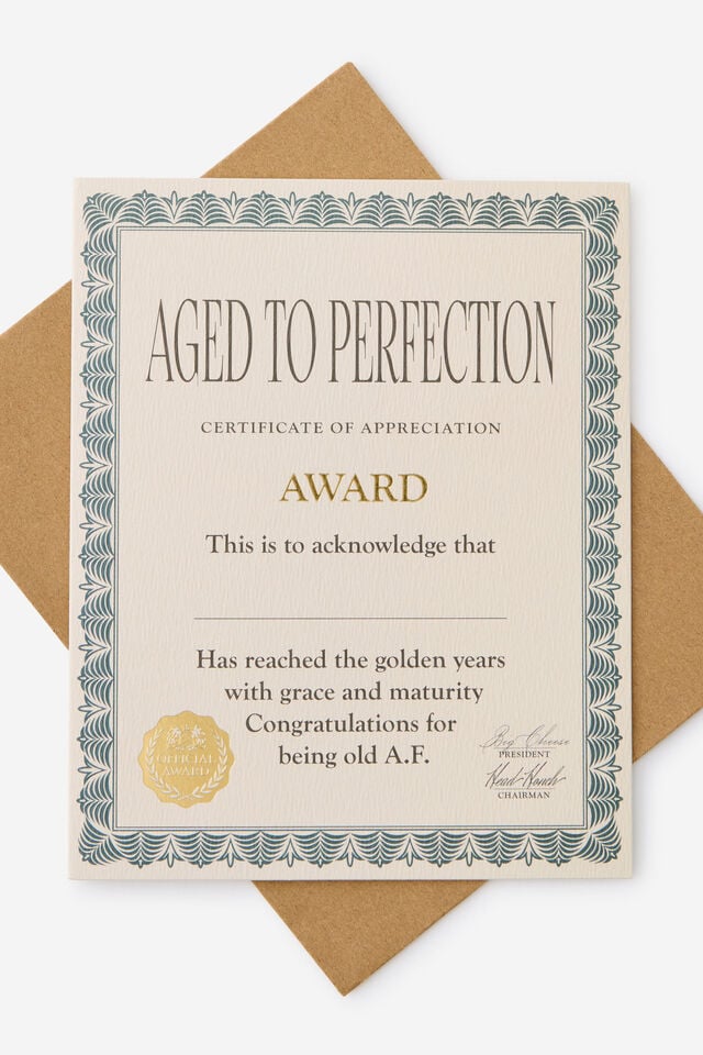 Premium Funny Birthday Card 2.0, AWARD AGED TO PERFECTION