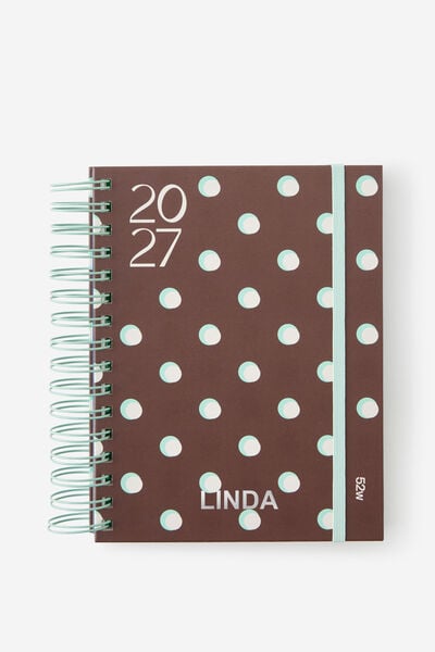 Personalised 2027 A5 Weekly Bright Days Diary, ESPRESSO POLKA