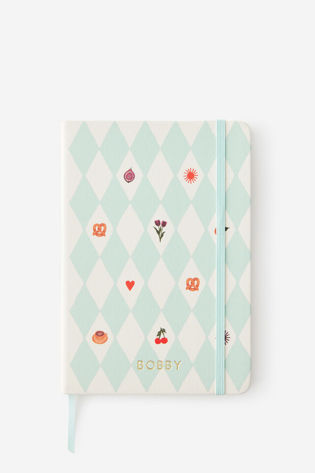 Personalised A5 Hard Lined Notetaker Notebook, MINTY HARLEQUIN