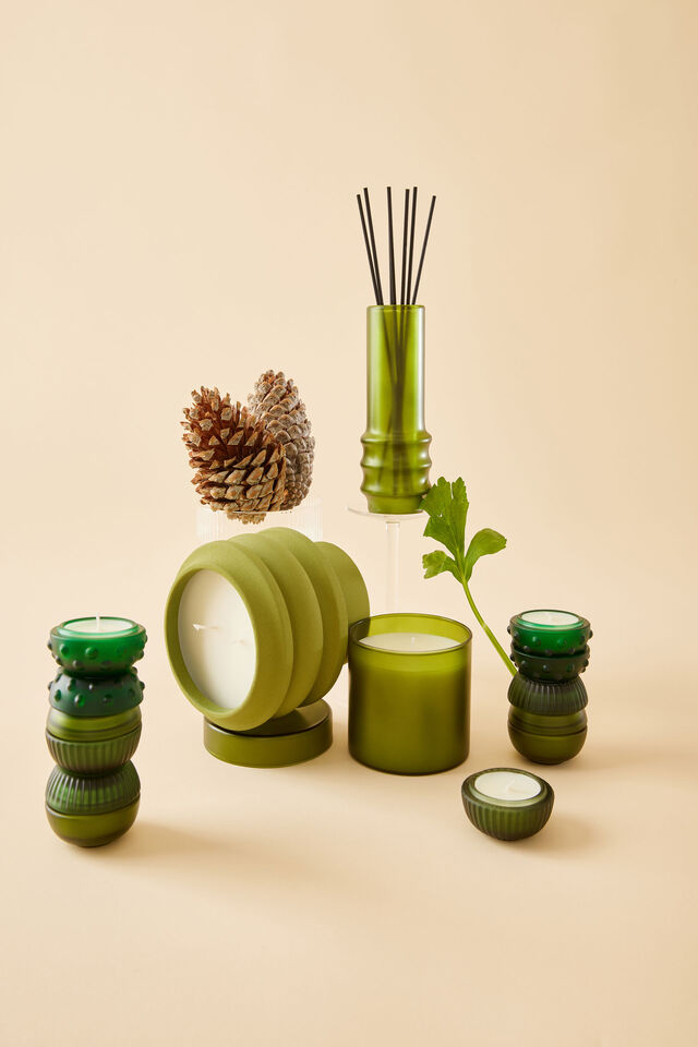 Mini Stackers Glass Tea Light Candle, HIDDEN FOREST DEEP GREEN RIBBED
