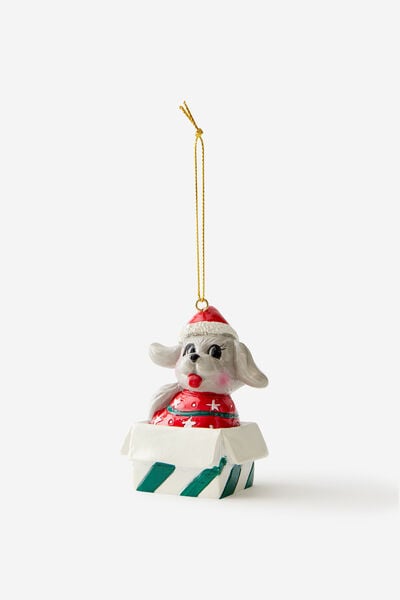 Resin Christmas Ornament, PUPPY IN PRESENT BOX