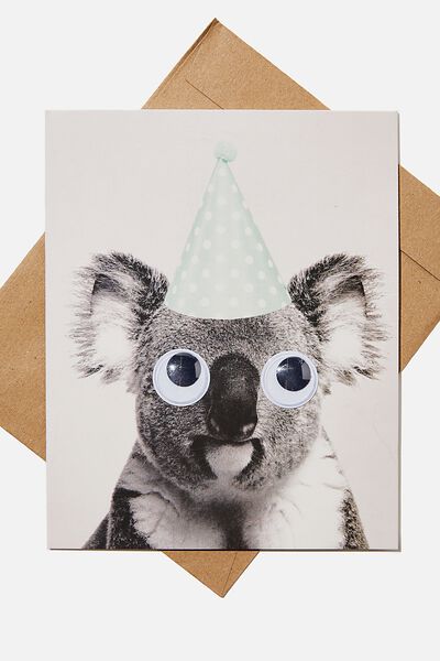 Premium Funny Birthday Card, KOALA PARTY HAT GOOGLY EYES