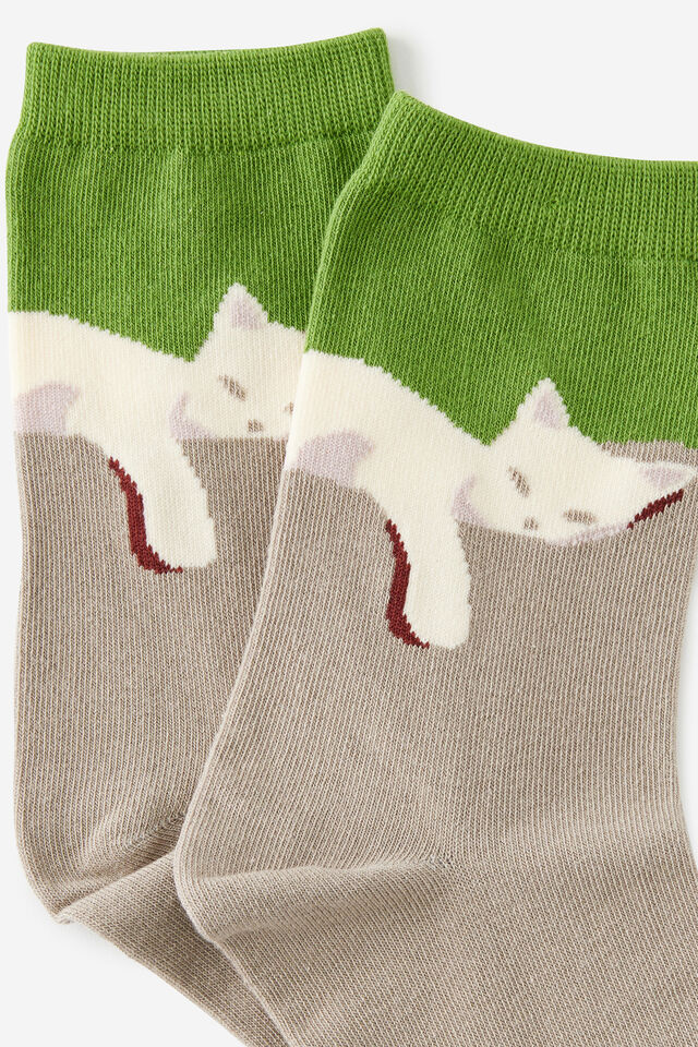 Mid Crew Socks, SLEEPING CAT GREEN